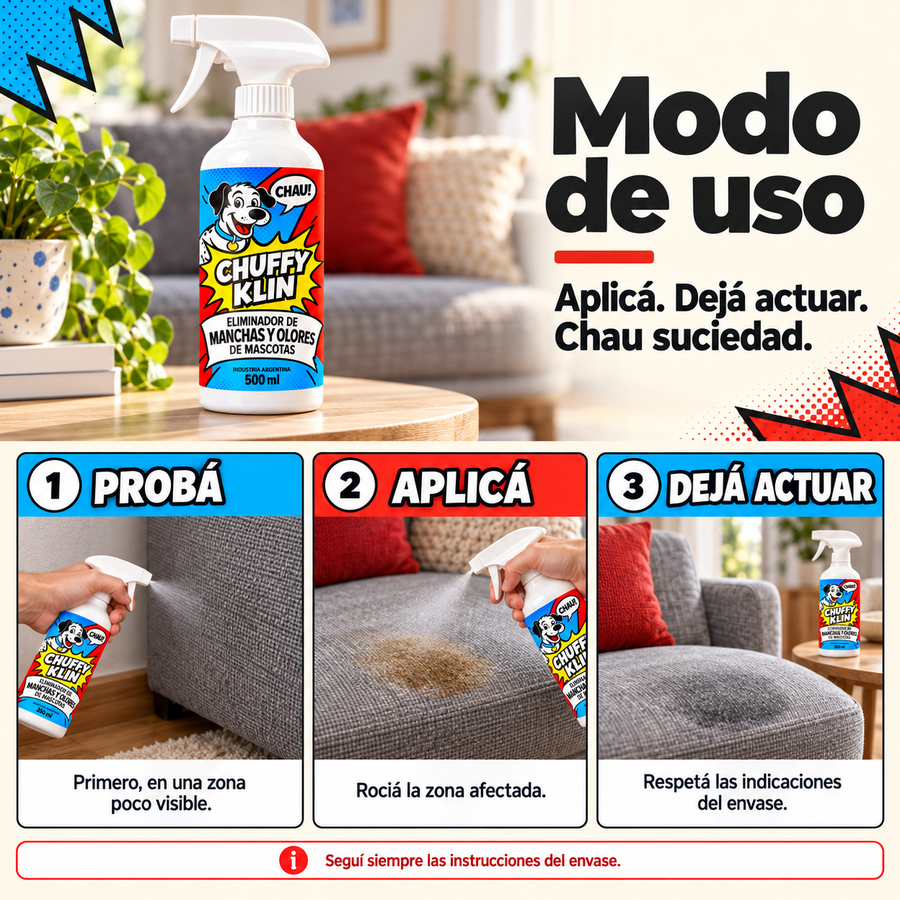CHUFFY KLIN — Spray 3 en 1 para manchas y olor a pis de mascotas