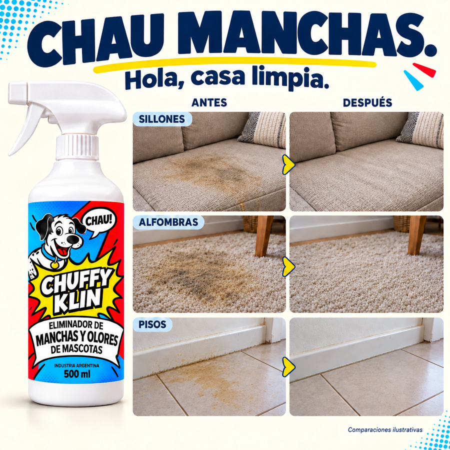 CHUFFY KLIN — Spray 3 en 1 para manchas y olor a pis de mascotas